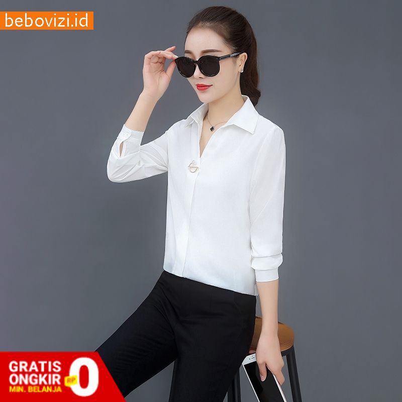 Blouse Wanita Casual Lengan Panjang Model V-Neck Slim Bahan Sifon Warna Polos