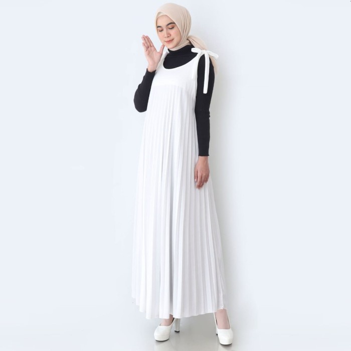 Gamis wanita Gamis Plisket Wanita -Maxy Dress Plisket White Tanpa Lengan - White B putih remaja keki