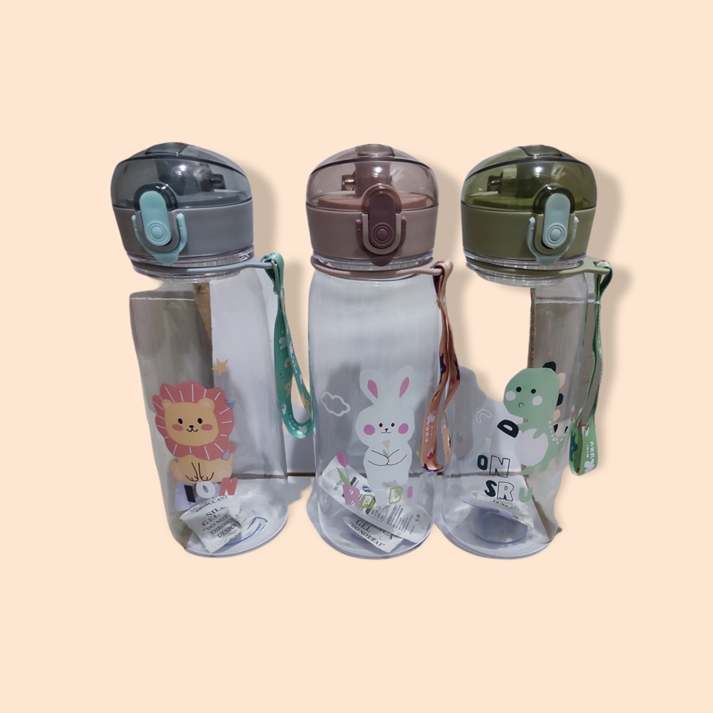 Botol Minum Anak Bening 580ml Karakter Lucu Dino Lion Rabbit Include Tali 913