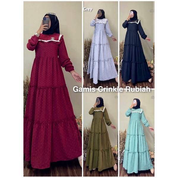 (Bisa COD) Gamis Crinkle Rubiah Terbaru/Gamis Crinkel/Gamis Kringkel Dot