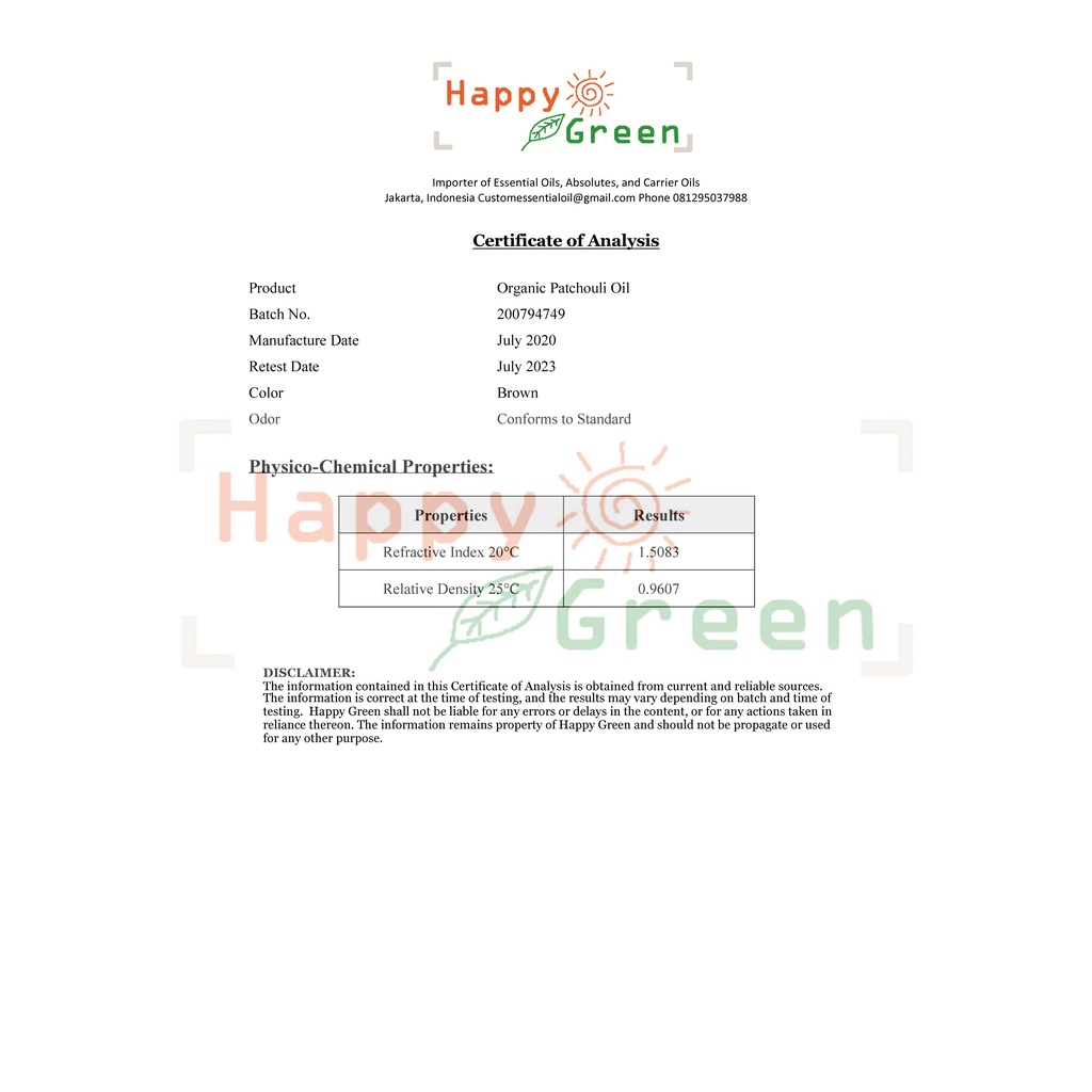 Happy Green ORGANIC Patchouli Essential Oil - Minyak Nilam Organic 100% Murni