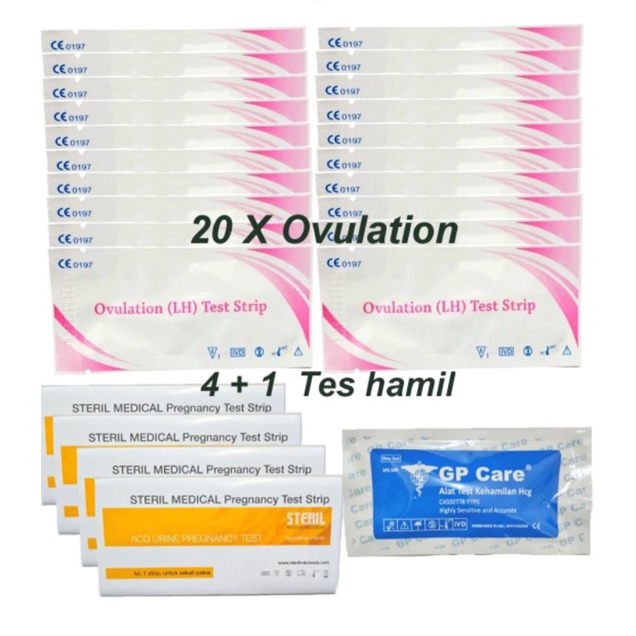 Paket 20 Ovulation test  dan tes hamil Ovulation test / Ovulation tes /LH 20 + Tp 4 + GP care biru 1