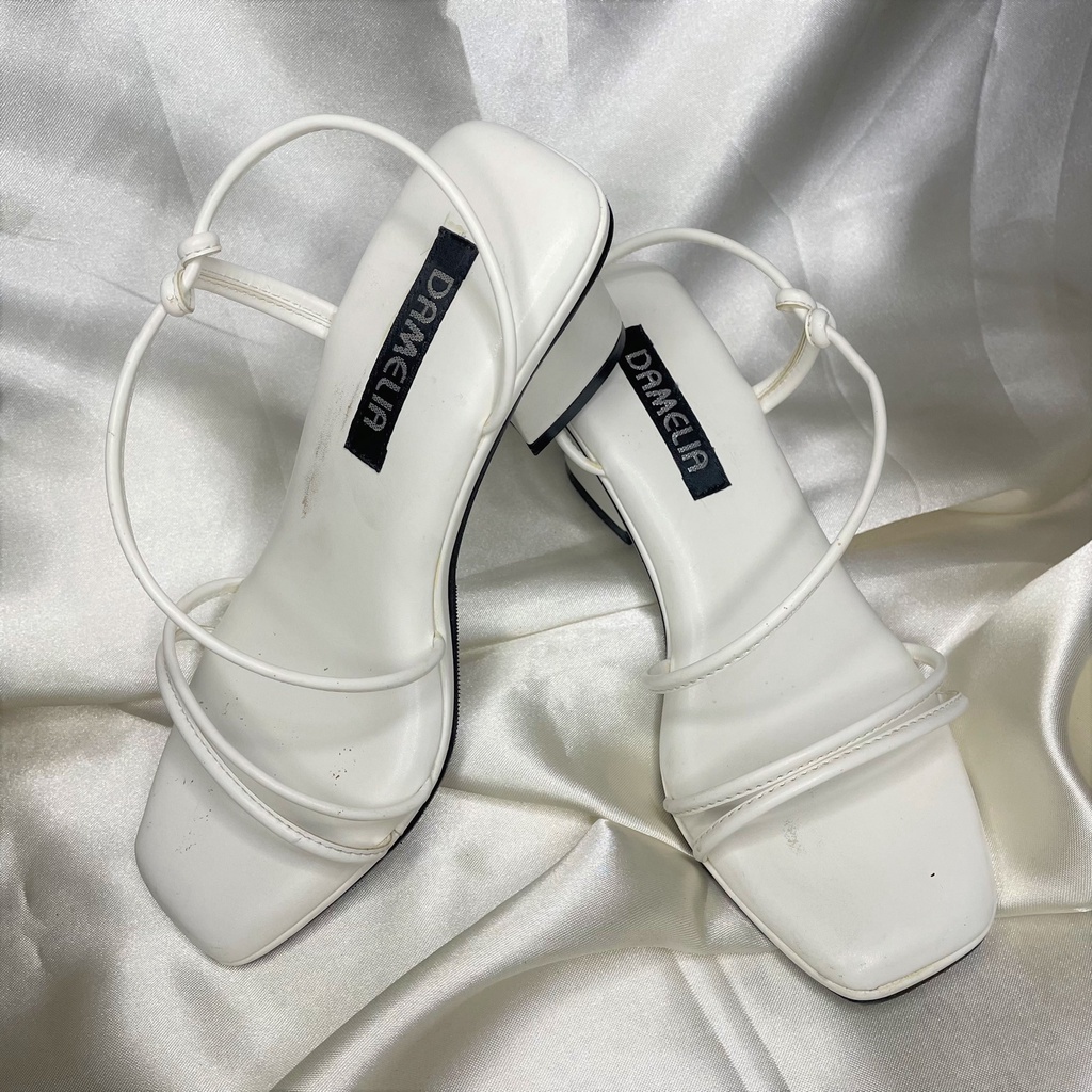 Damelia Amyra Wanita HIGH HEELS SEPATU SANDAL HAK TINGGI tali pendek tahu kotak shoes white putih po