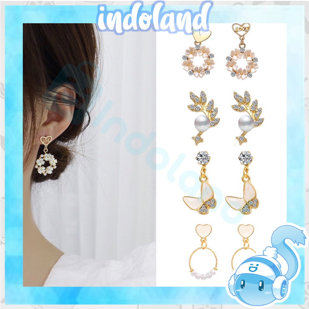 ☀INDOLAND☀ A059 Anting Tusuk 17KM Gantung Temperament Desain Hati + Pita + Mutiara Gaya Korea / Elegan 17km Untuk Wanita