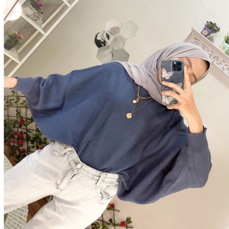 [PREMIUM] Helwa Sweater Batwing Knit // Sweater Batwing Rajut-Denim
