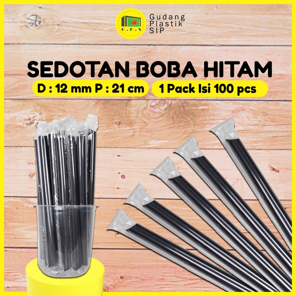 Sedotan Boba Hitam Runcing 12mm x 21cm/Higenis Steril Bungkus Plastik