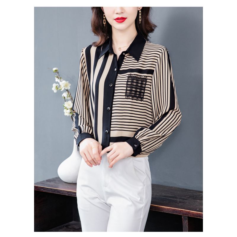 Kemeja wanita sifon garis garis Korea lengan panjang elegant