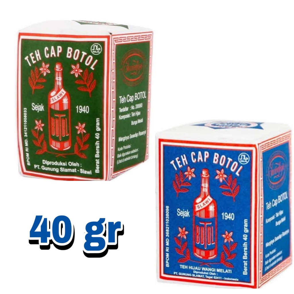 

teh cap botol bubuk kemasan 40 gr hijau dan biru