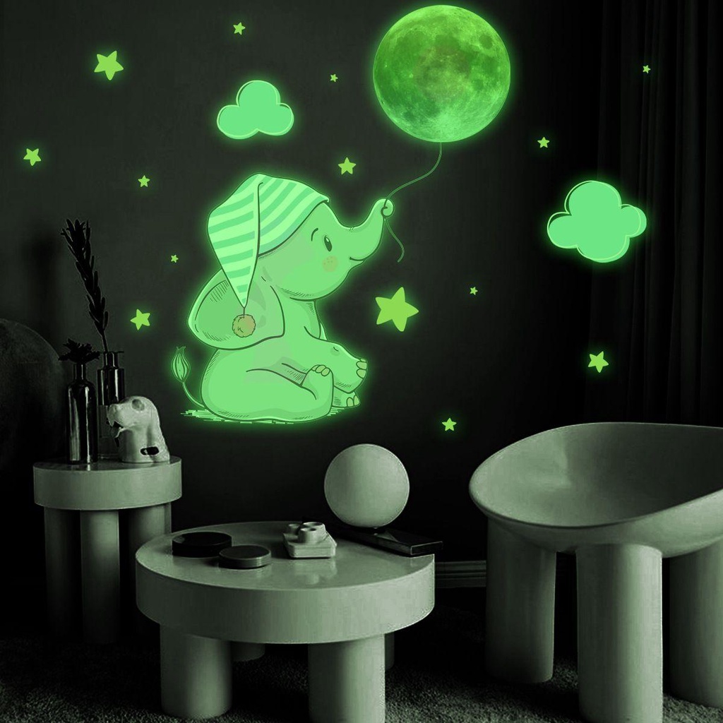 R-flower Luminous Wall Sticker Moon Dekorasi Rumah Kamar Anak Kamar Tidur Bayi Kartun Stiker Dinding