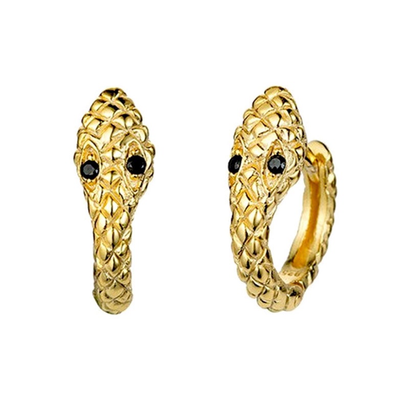 Anting Hoop Desain Ular Kecil Warna Silver Bahan Zirkon Hitam Gaya Punk Untuk Wanita