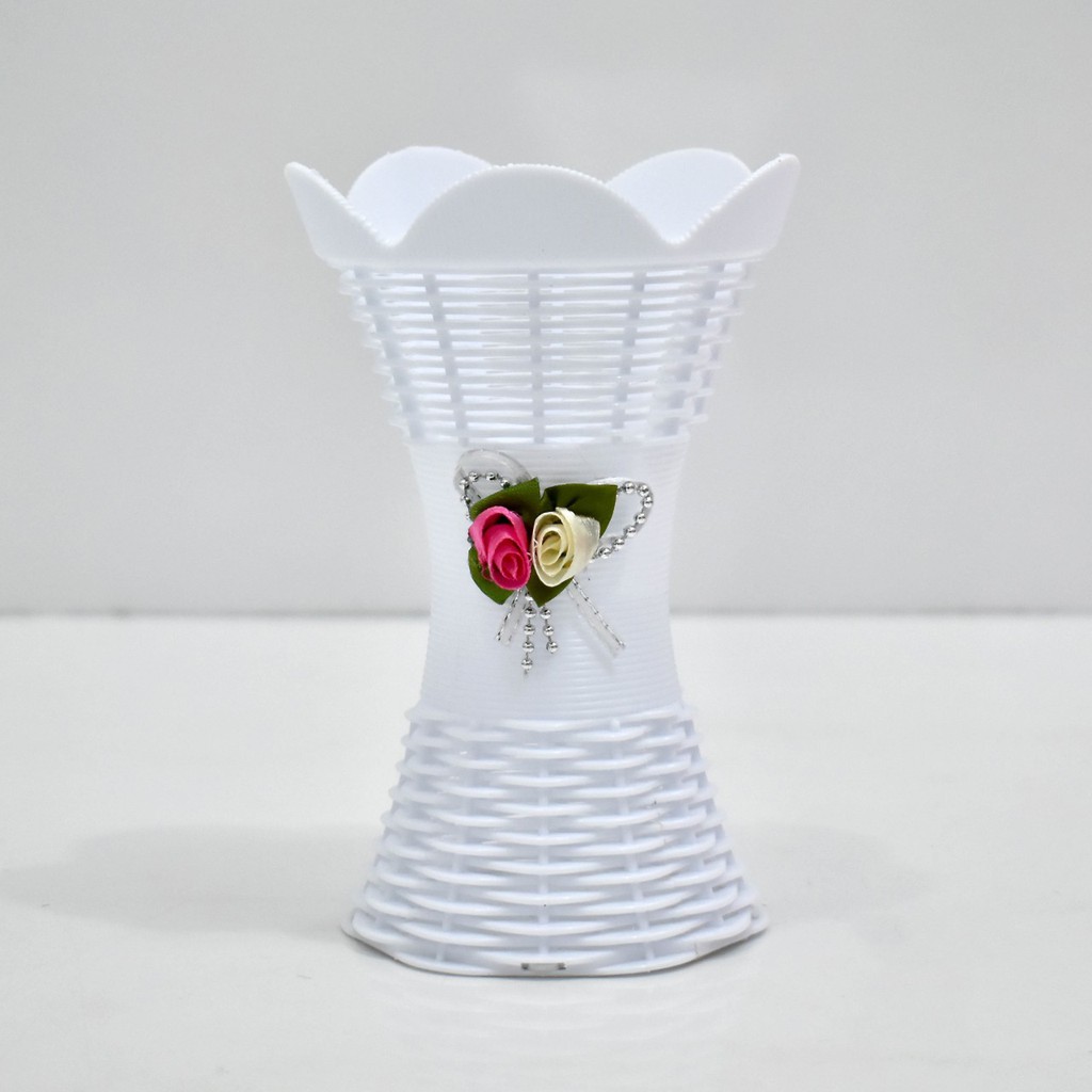 COD POT BUNGA PLASTIK VAS BUNGA PLASTIK POT BUNGA ROTTAN POT BUNGA HIASAN MEJA VAS  ROTTAN PB5013-PUTIH