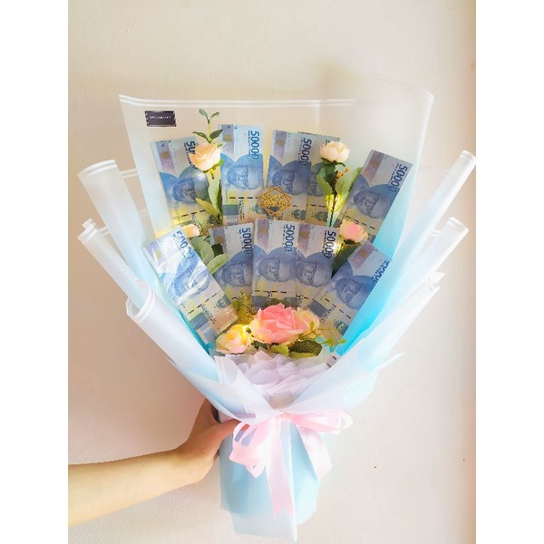 money bouquet uang asli 50rb 10 buah with LED lampu buket uang murah hadiah wisuda, anniversary, nik