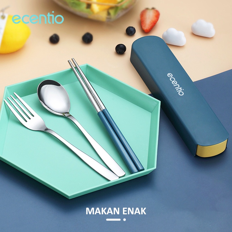 ecentio 3pcs sendok makan sendok garpu set stainless steel sumpit sendok grapu set alat makan dengan kotak berbahan