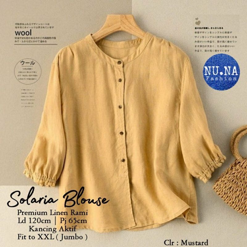 Solaria Bahan Linen Premiun Kerah Sanghai Kemeja Blouse Wanita Oversize LD 120