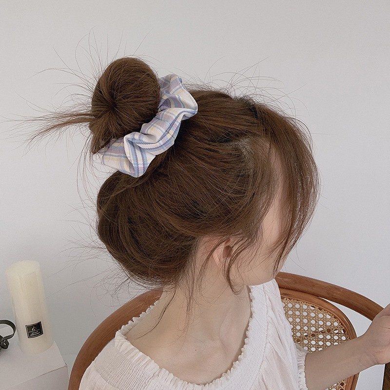 ZBH Ikat Rambut scrunchie Elastis Motif Kotak Garis Bahan Katun Gaya Korea Isi 3 Pcs Free Pouch