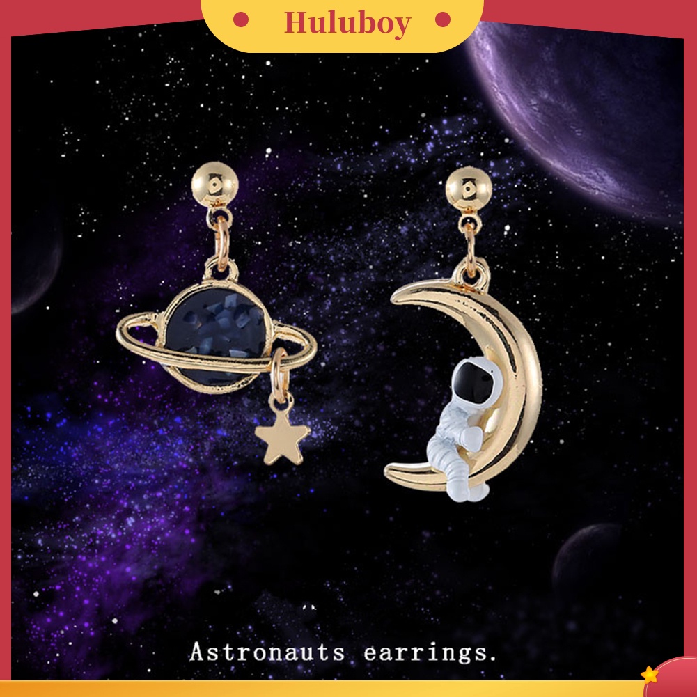 Hu Hu Hu Hu Hu Alat Bantu Pasang Kacamata♡ Anting Tusuk Gantung Asimetris Desain Astronot / Planet / Bulan Kreatif Untuk Wanita