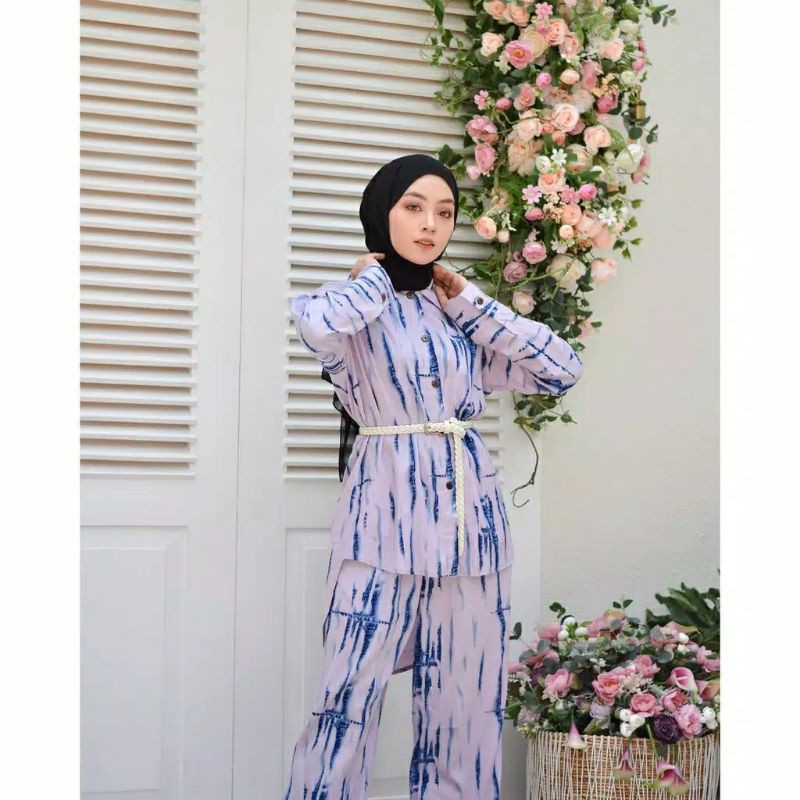 daily set pajamas oneset kinar set rayon viscose kemeja tie dye zara nagita syahnaz aurel lilac