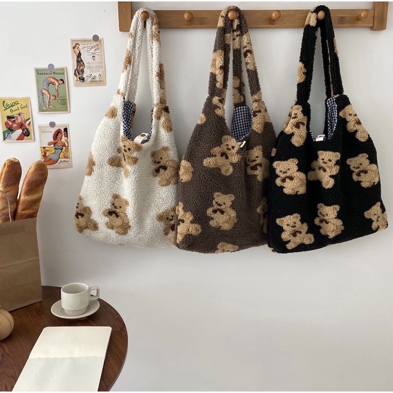 JEAN Korean Fluffy Bear Tote Bag / Tas Korea Beruang Besar / Totebag Jumbo / Tas Bahu Korea Import