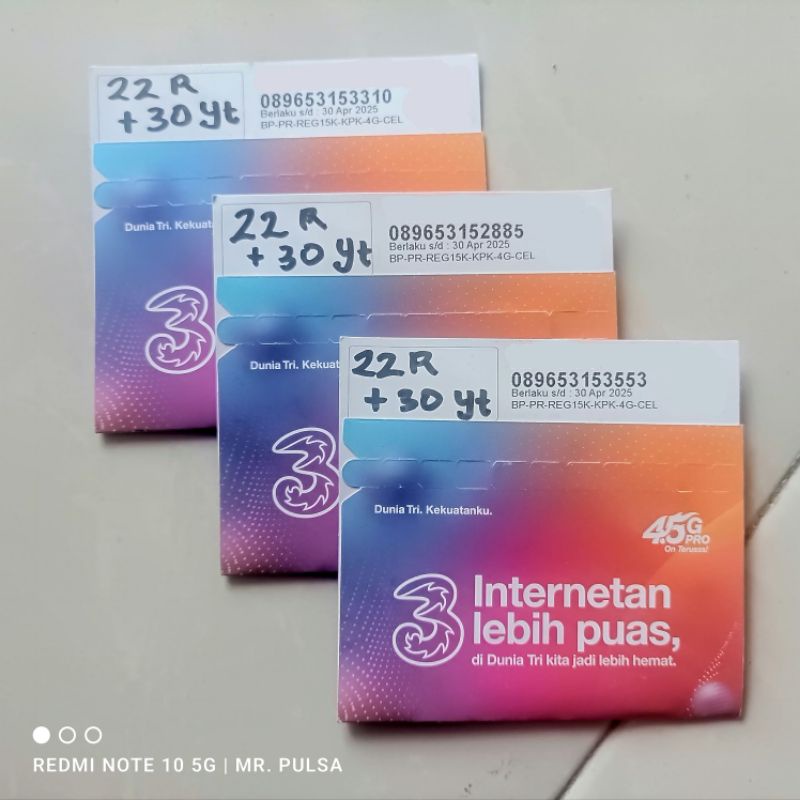 Kartu Perdana Tri 52Gb Kuota Lokal (22Gb Reguler + 30Gb YouTube)