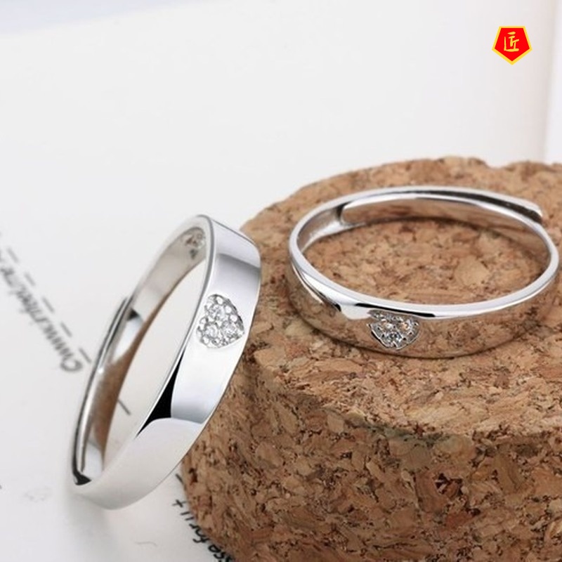 [Ready Stock]Korean Style Simple Silver Heart-Shaped Diamond Couple Rings