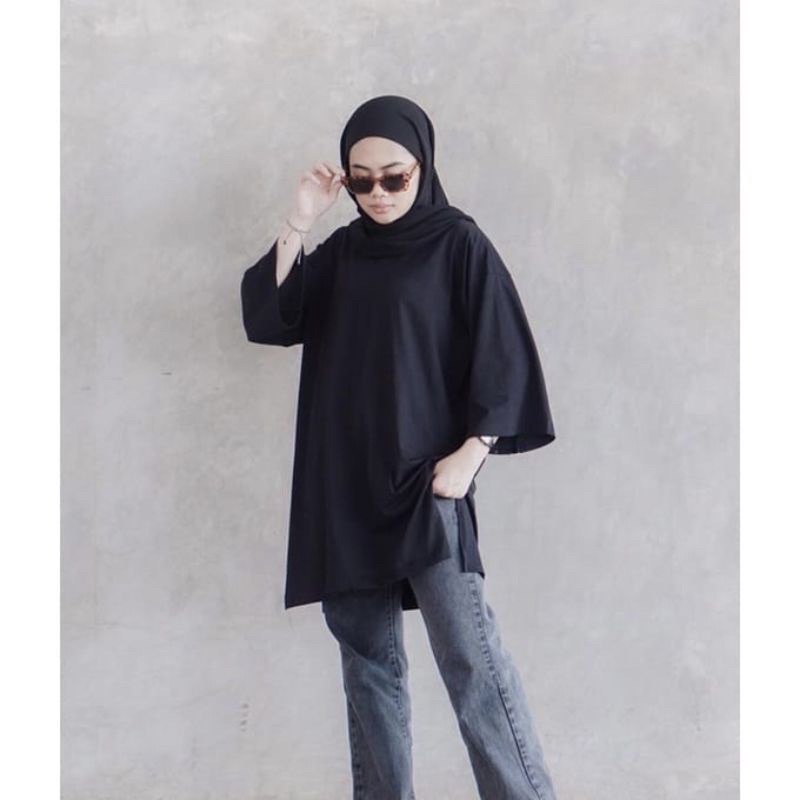 Basic Oversized Kaos Polos Wanita Jumbo Lengan Panjang 7/8 Cotton Combed