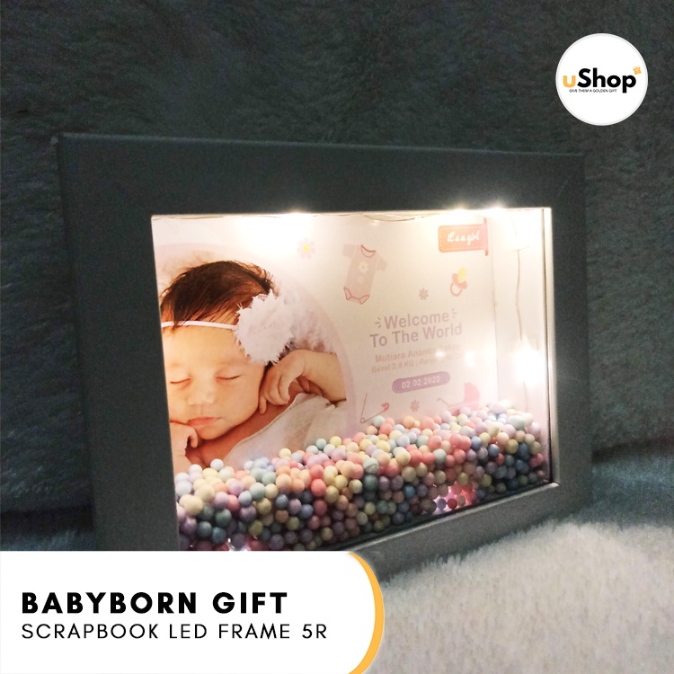 Kado Lahiran Anak Baby Born Scrapbook LED Frame 5R Kado Bayi Hamper Bayi