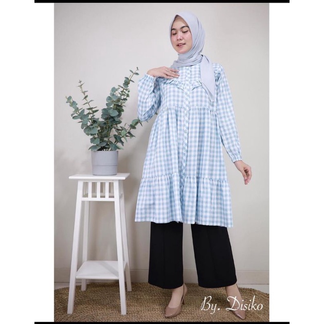 atasan wanita Tunik ruffle kotak kotak
