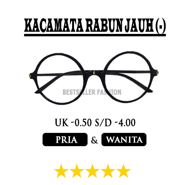 KACAMATA RABUN JAUH (-) PRIA WANITA UKURAN -0.50 S/D -4.00 LENSA MINUS BENTUK BULAT FRAME HITAM FREECASE