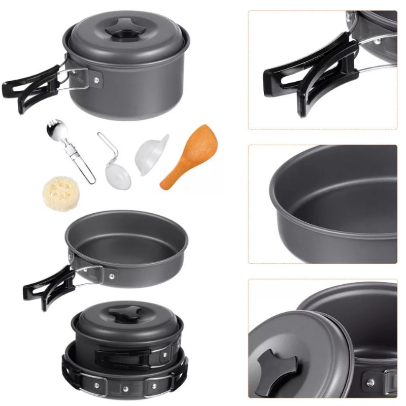 Panci Masak Camping Portable Peralatan Masak Camping Outdoor Panci Masak Cooking Set Outdoor 8 pcs