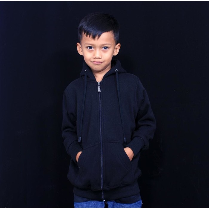 Jaket Sweater Hoodie Zipper Anak Anak Polos - Hitam