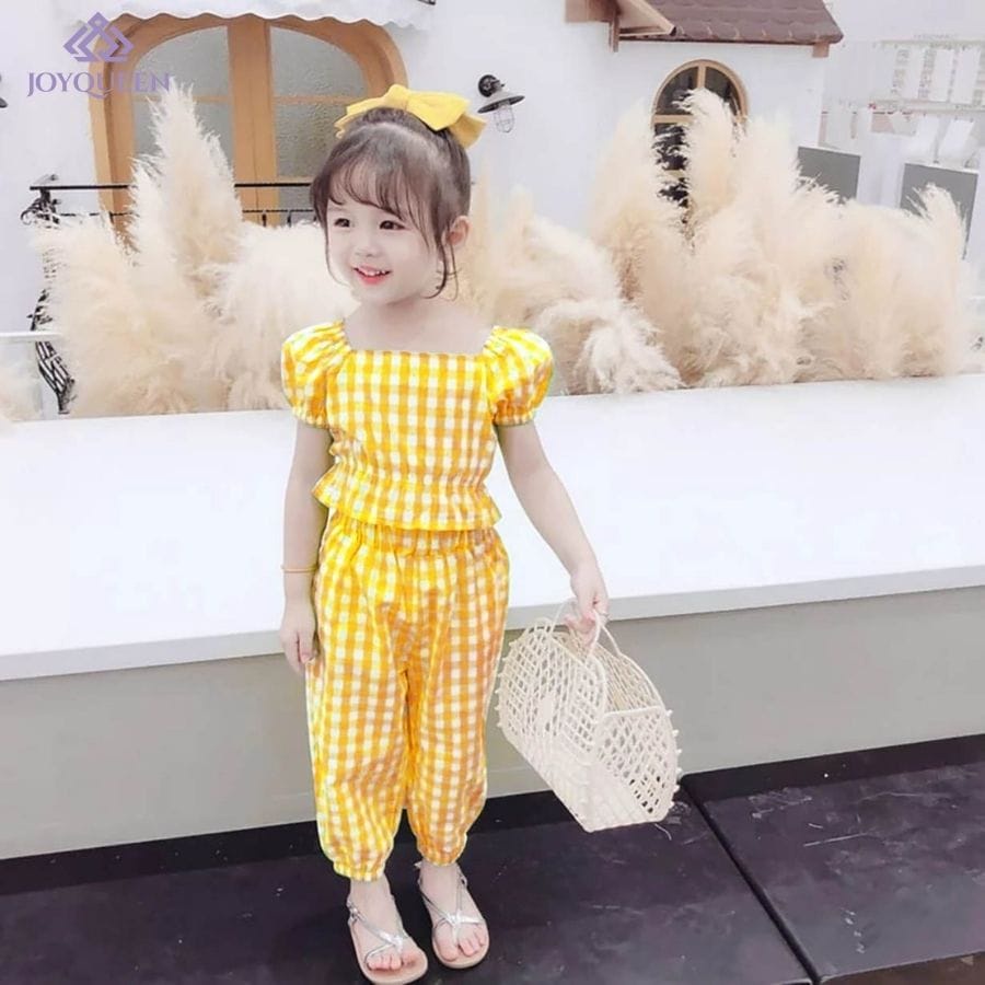 BEFAST - ZTL OOTD Oneset Anak DONNA / set anak joy queen / Pakaian Anak-Anak Perempuan / Set Atasan Baju lengan Pendek Leher Kotak+Celana Panjang / Oneset Motif Kotak-Kotak / Setelan Anak-Anak Santai Casual / Oneset Anak-Anak Perempuan Terbaru 2022