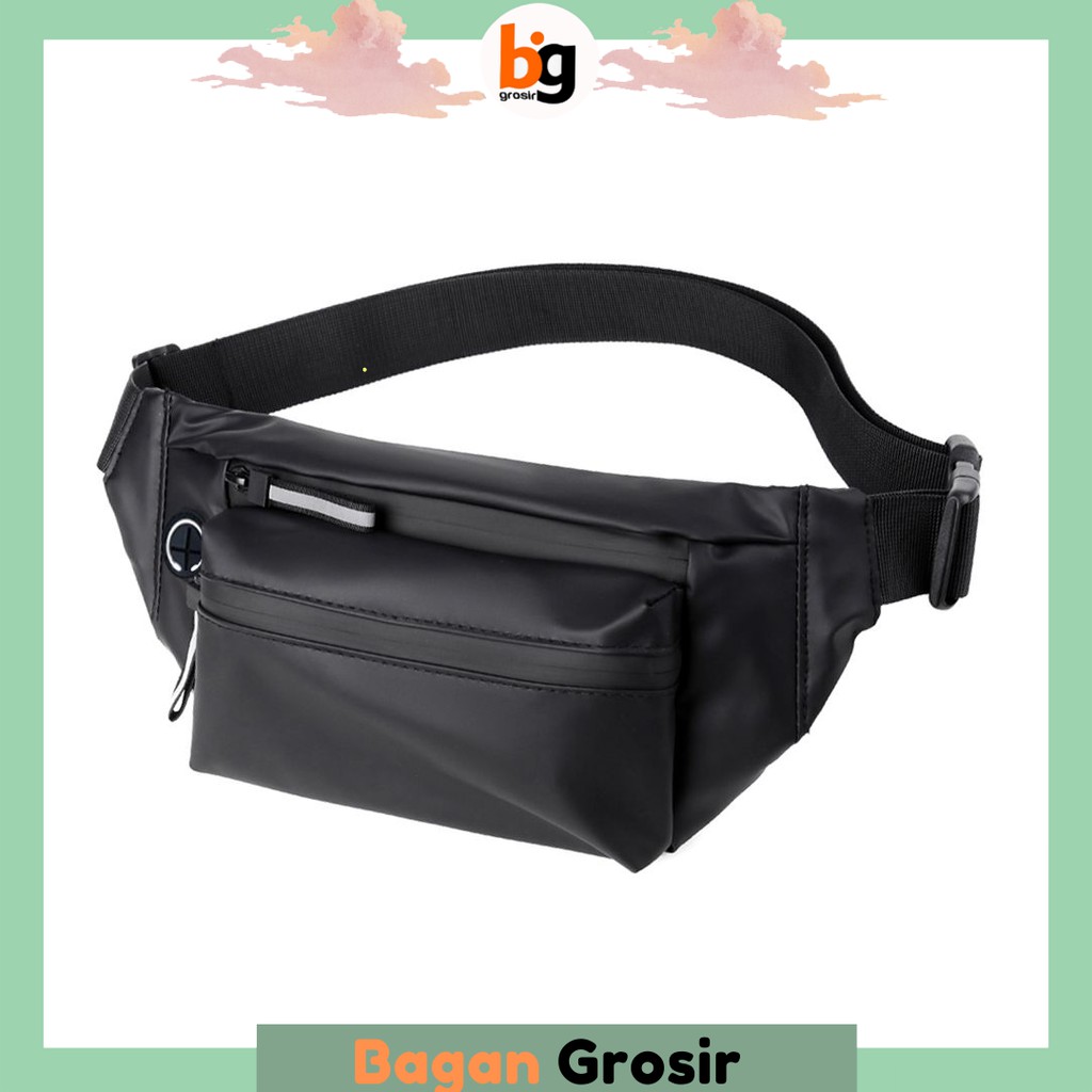 Tas Import Waistbag Pria Selempang Tas Bahu Cowok Bahan Nilon Parasut 2 Ruang Fashion Hitam T182
