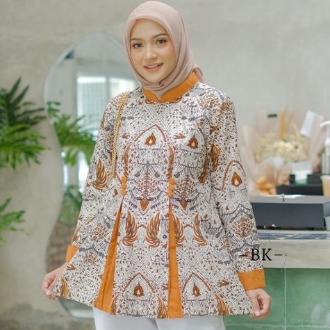 Atasan Batik Wanita Kombinasi Model Terbaru Bahan Katun Motif Sidomukti Kuning
