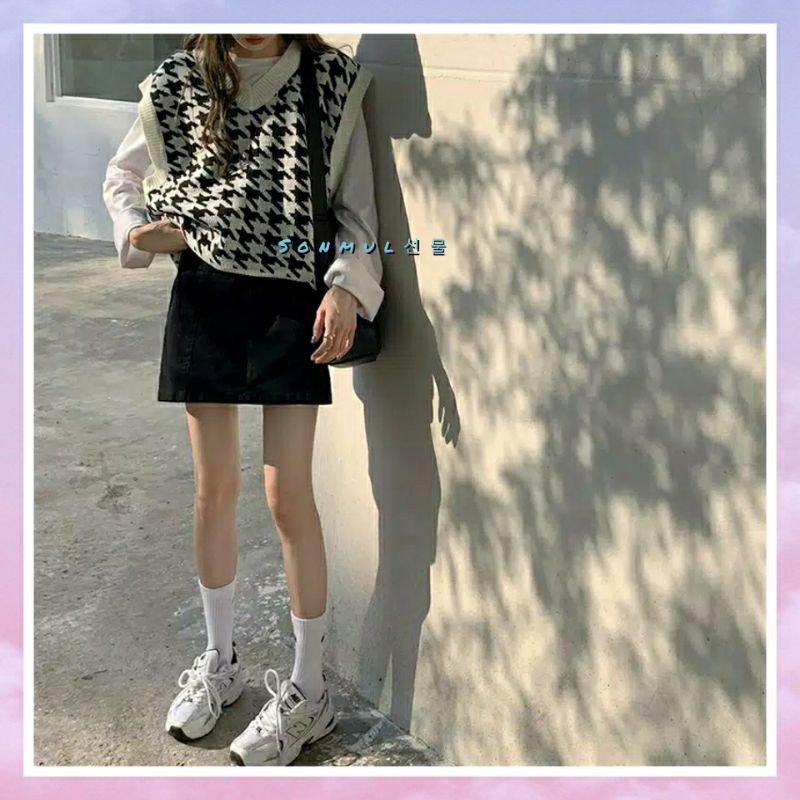 IMPORT WOMAN WINTER AUTUMN HOUNDSTOOTH KNIT VEST ROMPI WANITA RAJUT MUSIM DINGIN