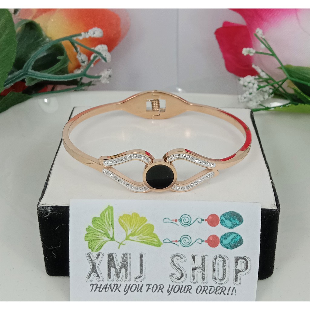 XMJ*SHOP GELANG TITANIUM WANITA 100% ASLI ANTI KARAT MOTIF CAT MATA HITAM SIMPLE PERMATA BRANDED