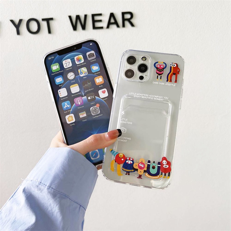 Casing Compatible for iPhone 14 13 12 11 Pro Max X XR Xs Max SE 2020 iPhone 6 6s 7 8 Plus 13 12 Mini Cartoon Art Transparent Card Holder Phone Case Precision Hole TPU Protective Phone Cover