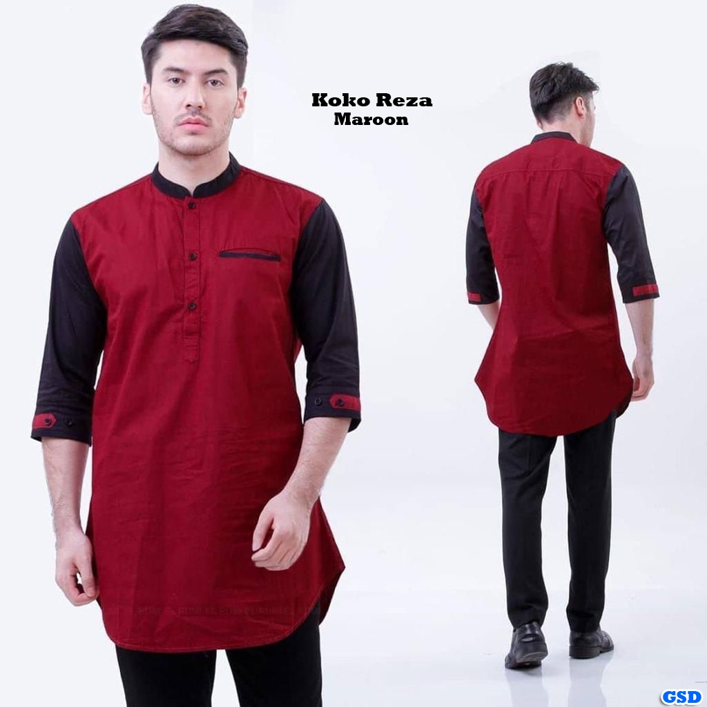 Kemeja Koko Reza/ Kemeja Koko Lengan 3/4  / Baju Lebaran Cowok Polos  / Baju Koko Reza Warna Kombinasi Real Picture