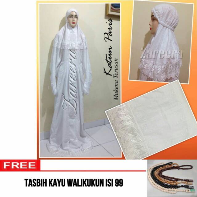 Mukena terusan katun paris putih renda putih