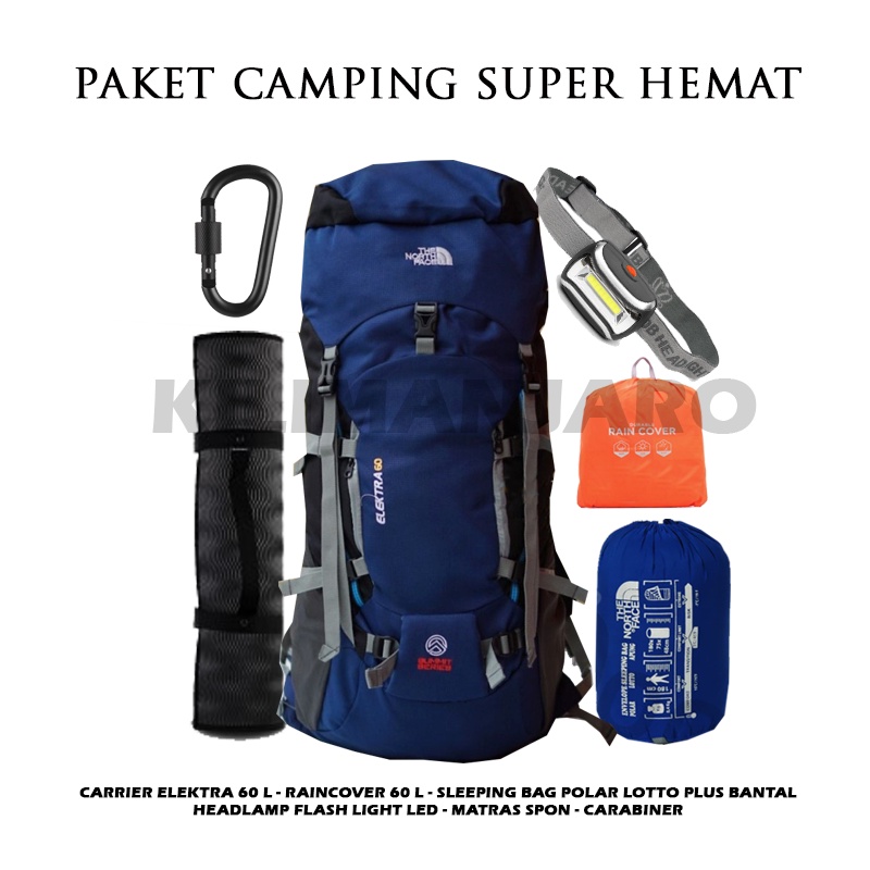 PAKET CAMPING SUPER HEMAT - TAS GUNUNG 60L - CARRIER 60 L + SB MATRAS + HEADLAMP