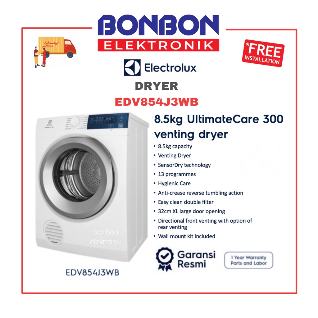 Electrolux Dryer 8.5KG EDV854J3WB / Pengering Pakaian 8.5 KG EDV 854J3WB UltimateCare