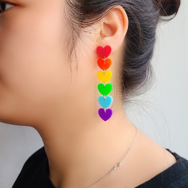 Siy Anting Tusuk Gantung Wanita Bahan Akrilik Desain Hati + Rumbai Panjang Warna Pelangi Untuk Hadiah