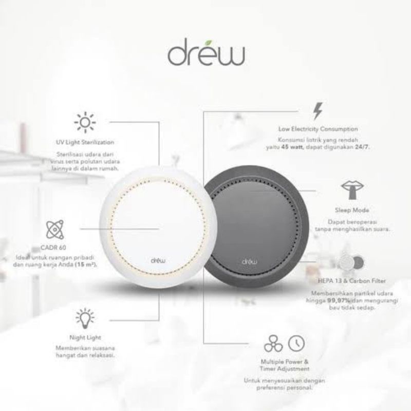 Drew Pure 1 Airpurifier Hepa13 &amp; UV - Drew Air Purifier Pure1 Hepa 13 - Filter Udara Ruangan - Penyaring Udara