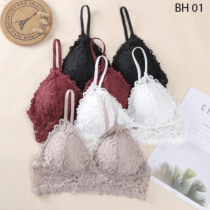 BEE - Push Up Bra Wanita Isi Busa dengan Tali Strap Bahan Lace Breathable Motif Hiasan Bordir 01