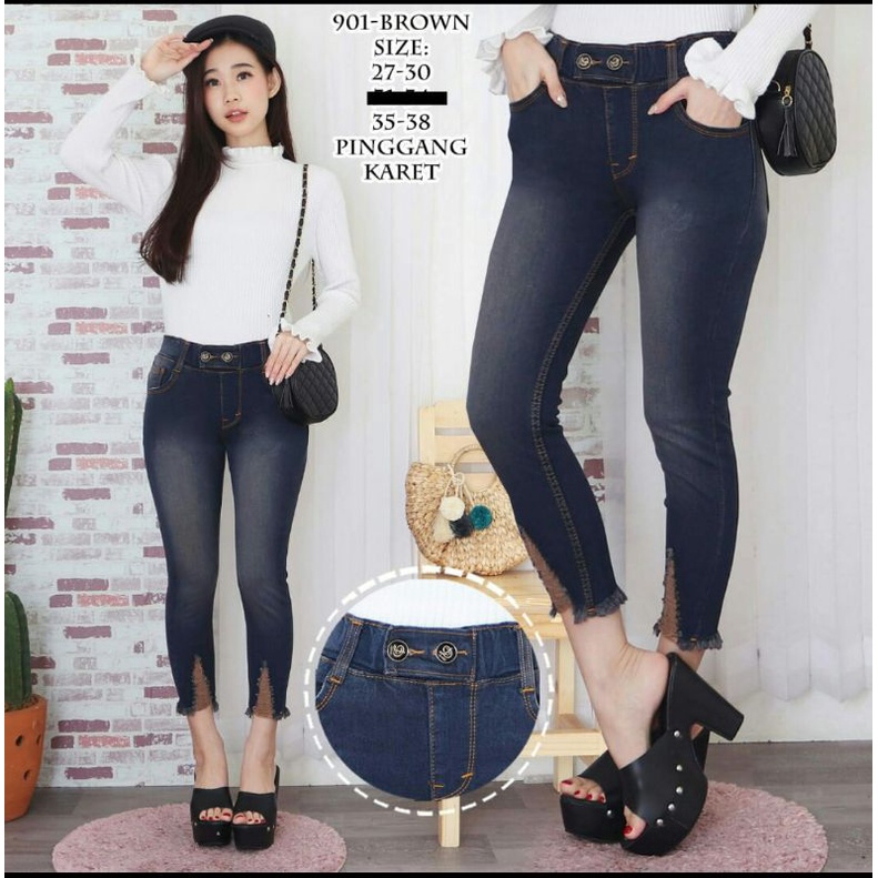 CELANA JEANS WANITA / CEWEK 7/9 BROWN PINGGANG KARET KANCING 2 PREMIUM MELAR