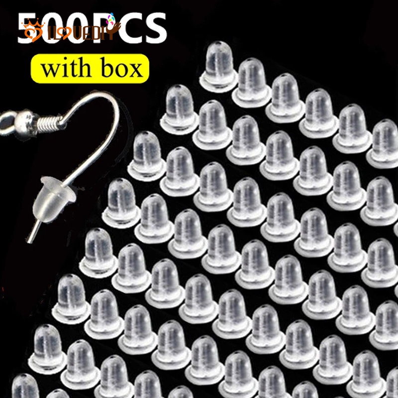 (With Box Penyimpanan) 500Pcs / Set Stopper Belakang Anting Tusuk Bahan Silikon Transparan Anti Alergi DIY