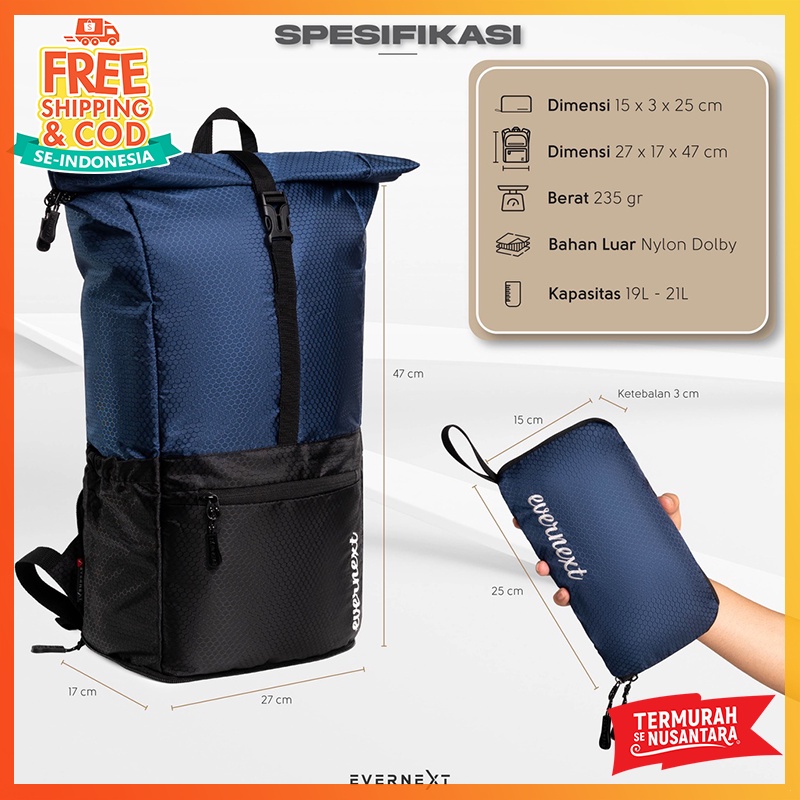 Tas Ransel Lipat Pria 19 - 21L Foldable Bag Tas Punggung Travelling Bag Tas Travel Pulkam