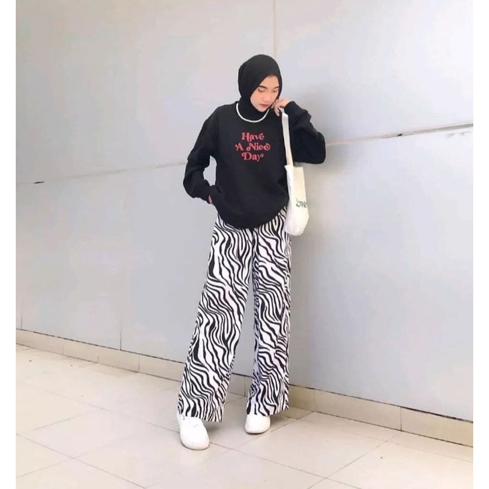 Celana Panjang Wanita Jumbo Pinggang Karet Kulot Motif Zebra