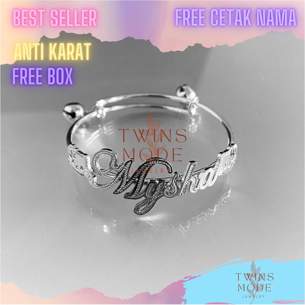 Gelang Bangle Anak Titanium Anti Karat Cetak Nama Karakter Hello Kitty