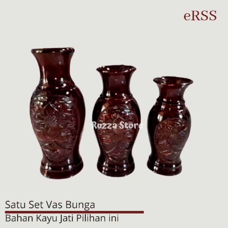 SET VAS BUNGA MOTIF PAHAT BUNGA BAHAN KAYU JATI ASLI UKURAN KECIL