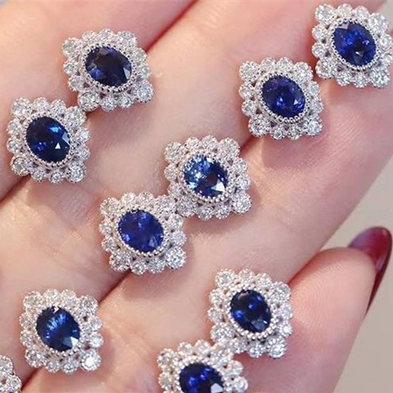 Anting Stud Cubic Zirconia Bentuk Oval Warna Putih Biru Lapis Silver Untuk Wanita